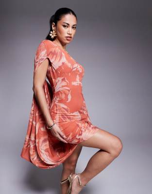 ASOS DESIGN - Netzstoff-Minikleid mit Blumenmuster, One-Shoulder-Träger und auffälliger Drapierung-Bunt