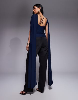 ASOS DESIGN - Netzstoff-Oberteil in Blau mit Wasserfallausschnitt und Cape-Detail