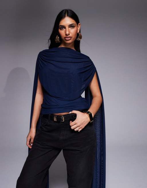 ASOS DESIGN – Netzstoff-Oberteil in Blau mit Wasserfallausschnitt und Cape-Detail, 4 von 4