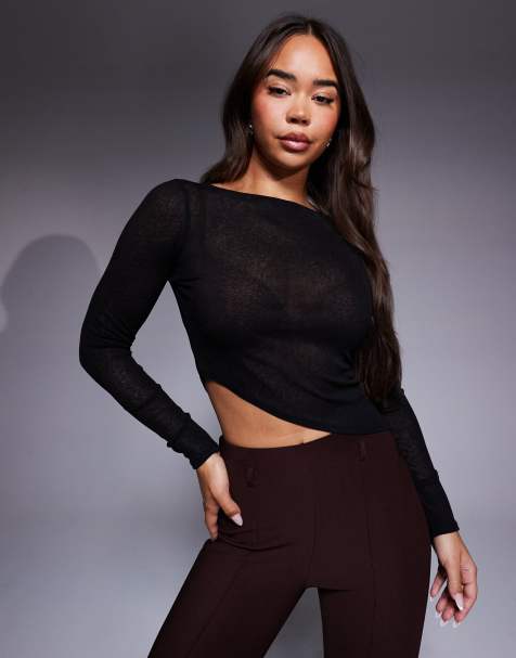 ASOS DESIGN – Netzstoff-Oberteil in Schwarz mit asymmetrischem Saum - view 1