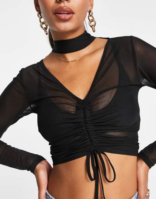 ASOS DESIGN – Netzstoff-Oberteil in Schwarz mit Raffung und Halsband-Detail, 2 von 4