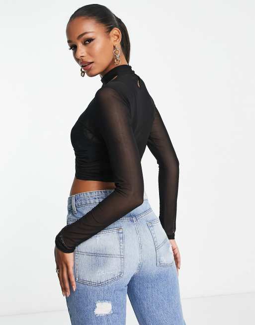 ASOS DESIGN – Netzstoff-Oberteil in Schwarz mit Raffung und Halsband-Detail, 4 von 4