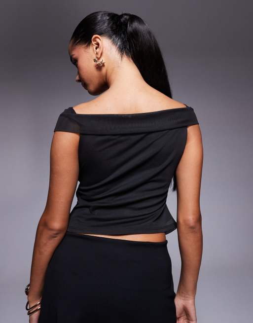ASOS DESIGN – Netzstoff-Oberteil in Schwarz mit tiefem Carmen-Ausschnitt, 4 von 4
