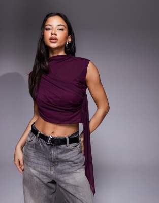 ASOS DESIGN - Netzstoff-Top in Feigenlila mit drapiertem Schal-Detail und Stehkragen