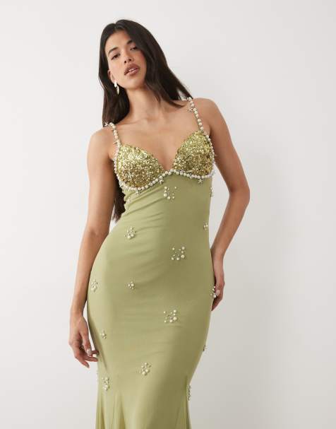 ASOS DESIGN – Netzstoff-Trägerkleid in Salbeigrün mit Perlenbesatz - view 1