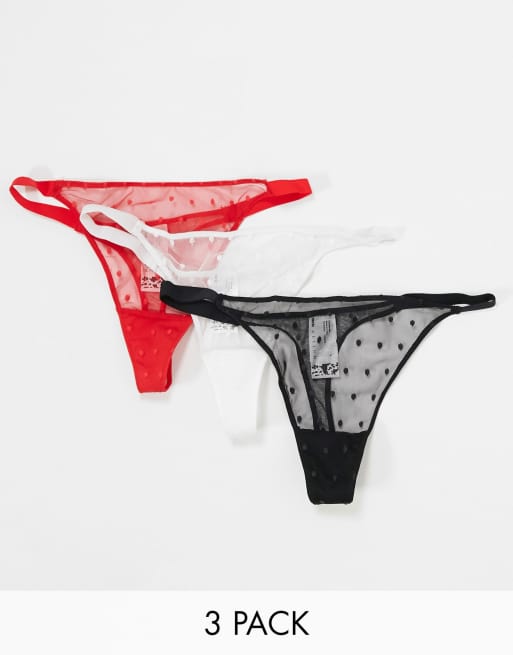ASOS DESIGN – Netzstofftangas mit Dobbymuster in Schwarzweiß und Rot, 3er-Pack