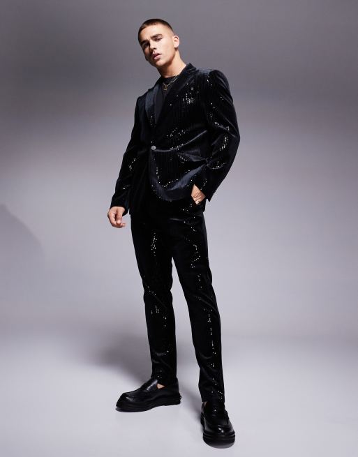 ASOS DESIGN – Neue Samt-Anzugjacke mit Paillettenbesatz in Schwarz und engem Schnitt, 2 von 5