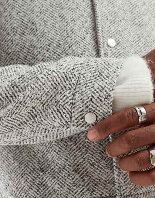 ASOS DESIGN – Neutral, fiskbensmönstrad Harrington-jacka i yllestil, 2 av 4