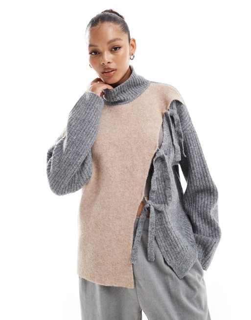 ASOS DESIGN - Neutral højhalset trøje med bindedetaljer og farveblok