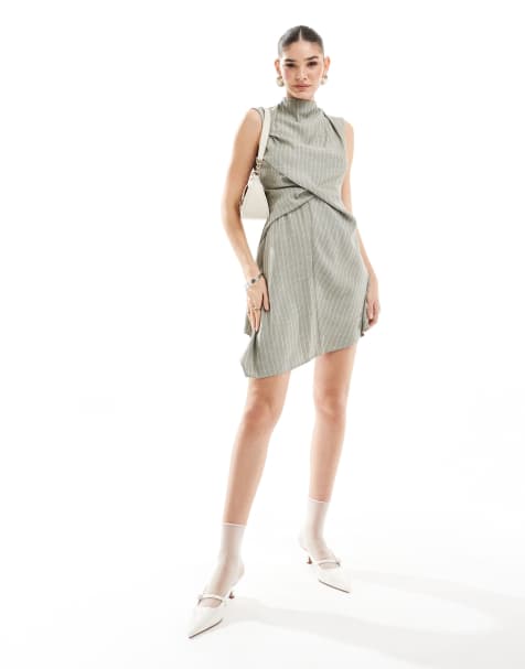 ASOS DESIGN – Neutral, randig miniklänning med draperad ringning och indragen midja - view 1