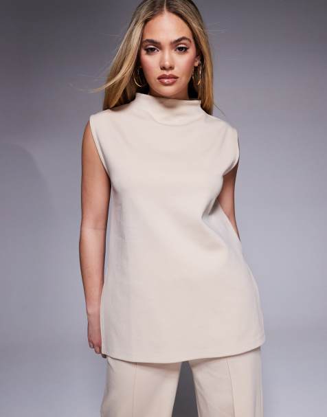 ASOS DESIGN - Neutral tanktop uden ærmer med høj hals og interlock-syninger - Del af sæt - view 1