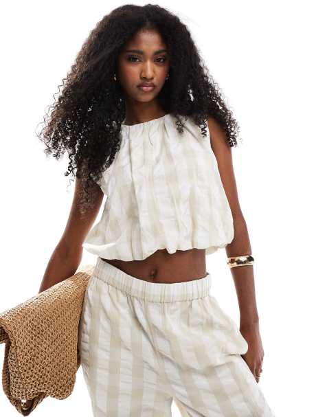 ASOS DESIGN - Neutral top med gingham-tern i bæk-og-bølge-stof - Del af sæt - view 1