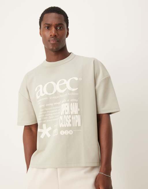 ASOS DESIGN - Neutralfarvet og oversized T-shirt med firkantet pasform i kraftigt 300 gsm-materiale med street-print foran
