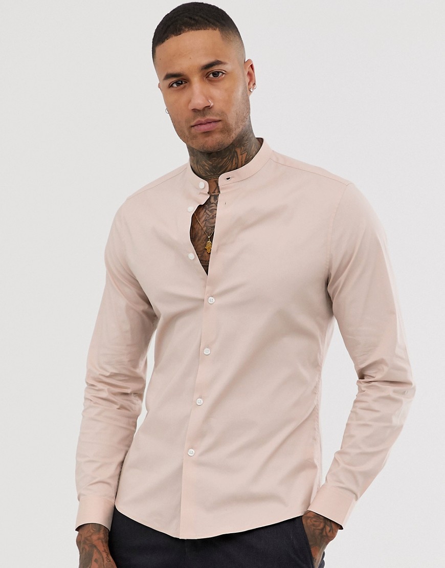 ASOS DESIGN – Neutralt färgad stretchskjorta med extra smal passform och murarkrage-Beige