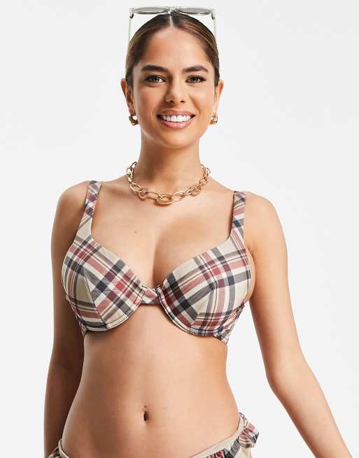 ASOS DESIGN – Neutralt rutig bikiniöverdel med bygel