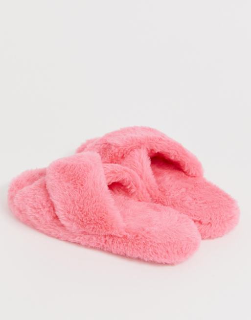 Pink Fluffy Cross Strap Slippers