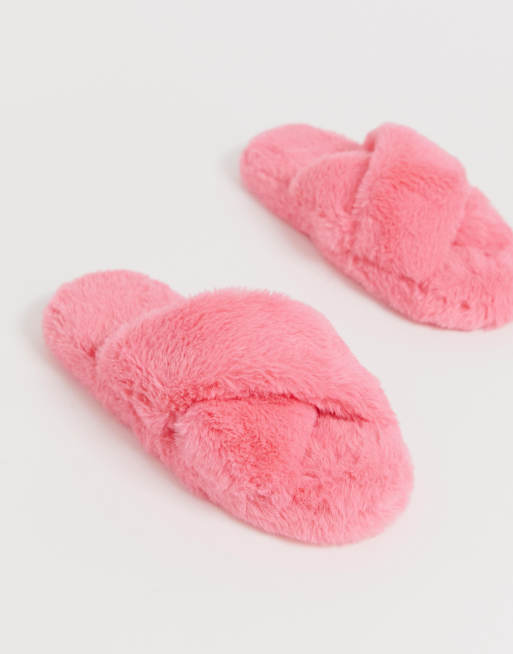 Pink Fluffy Cross Strap Slippers