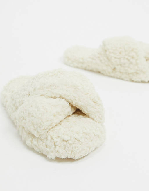 ASOS DESIGN Neve cross strap slider slippers in cream borg