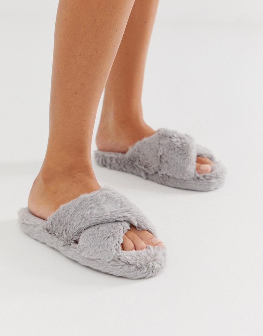 ASOS DESIGN Neve cross strap slider slippers in grey