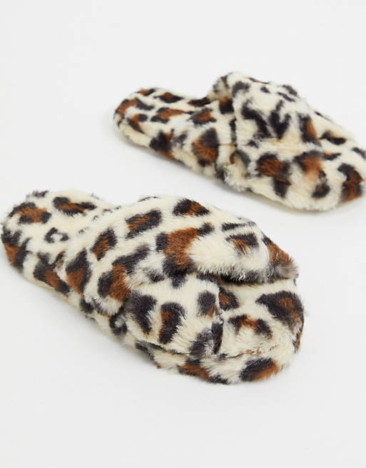 ASOS DESIGN Neve cross strap slider slippers in leopard