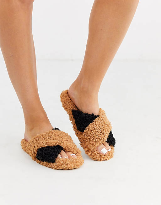 ASOS DESIGN Neve cross strap slider slippers in tan and black borg