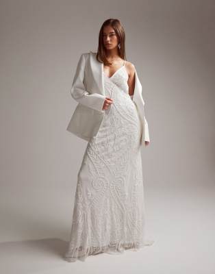 ASOS DESIGN Curve Florence plunge long sleeve wedding dress with