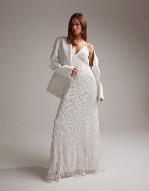 ASOS DESIGN Frankie beaded mesh plunge cap sleeve wedding dress in ivory