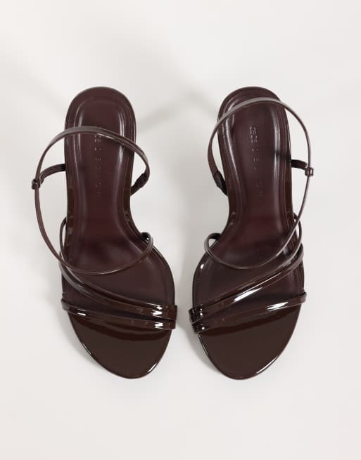 ASOS DESIGN Neverland asymmetric strappy high sandals in chocolate patent, 2 of 4