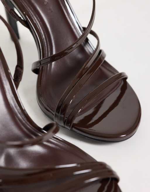 ASOS DESIGN Neverland asymmetric strappy high sandals in chocolate patent, 3 of 4