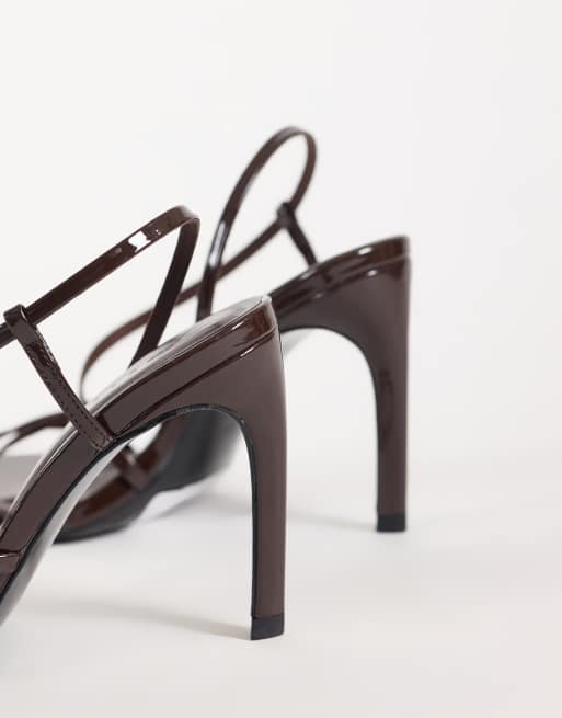 ASOS DESIGN Neverland asymmetric strappy high sandals in chocolate patent, 4 of 4