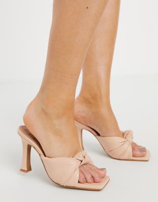 ASOS DESIGN Neville premium leather knotted heeled mules in mauve-Neutral