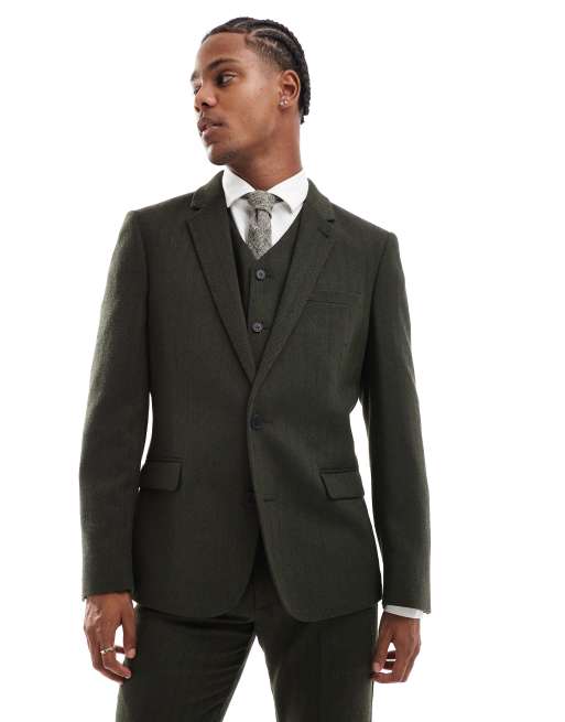 ASOS DESIGN - New - Giacca da abito skinny fit verde oliva in misto lana con motivo a spina di pesce
