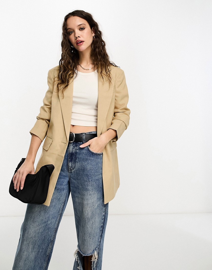 ASOS DESIGN new perfect long line shape blazer in stone-Neutral