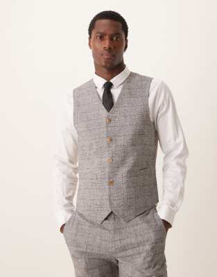 new skinny linen mix suit vest in gray prince of wales plaid