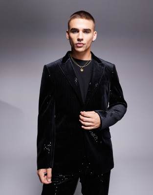 Asos Design New Skinny Suit Jacket In Velvet Sequin In Black In Black
