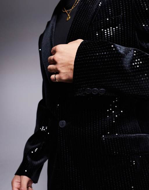 ASOS DESIGN new skinny suit jacket in velvet sequin in black, 5 of 5