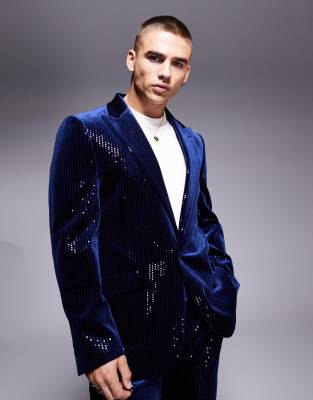 ASOS DESIGN new skinny suit jacket in velvet sequin in navy