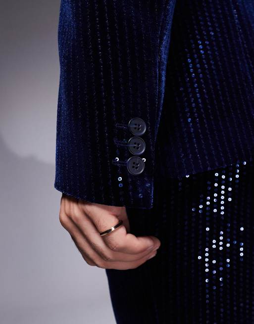 ASOS DESIGN New skinny suit jacket in velvet sequin in navy, 2 of 5