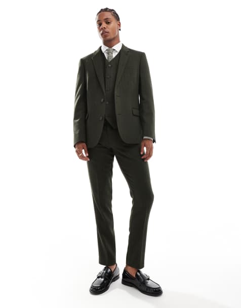 ASOS DESIGN new skinny suit pants in wool blend olive green herringbone - view 1