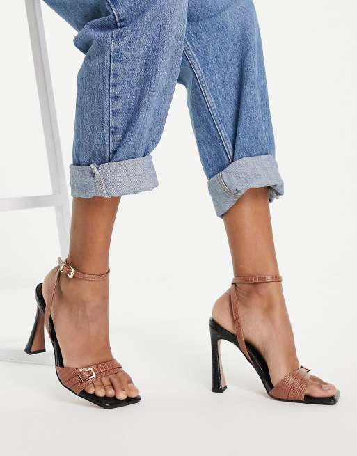 ASOS DESIGN - Newman - Sandalen met hak en gespdetail in bruin en zwart