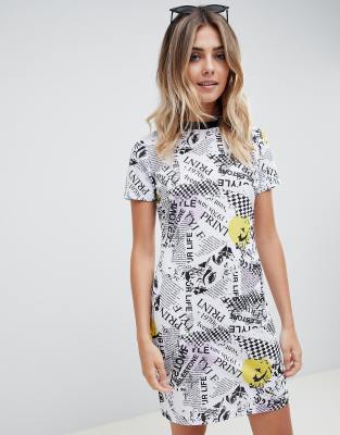 newspaper print shirt dress