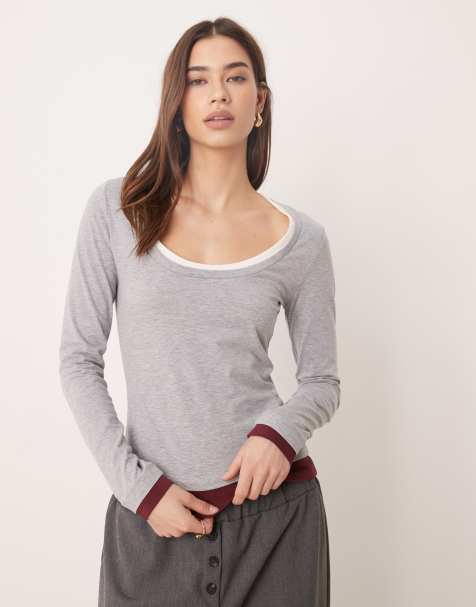 ASOS DESIGN - Next - Top met dubbele laag en lage ronde hals in grijs - view 1