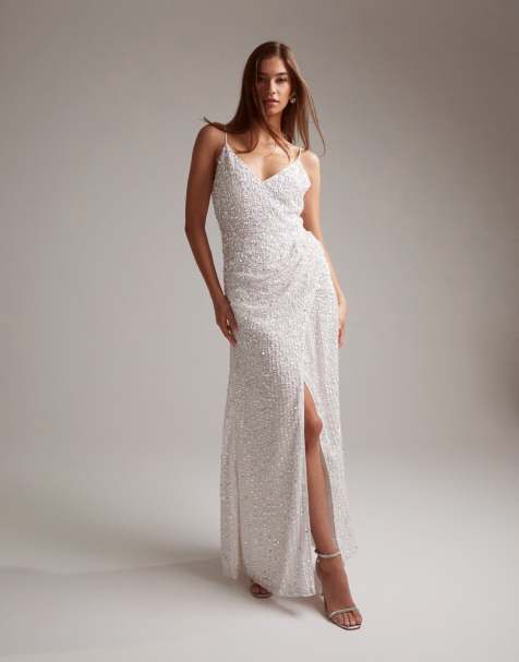ASOS DESIGN Nia embellished drape side cami maxi wedding dress in ivory - view 1