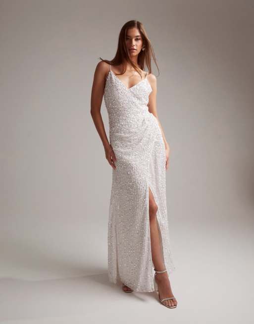 ASOS DESIGN Nia embellished drape side cami maxi wedding dress in ivory