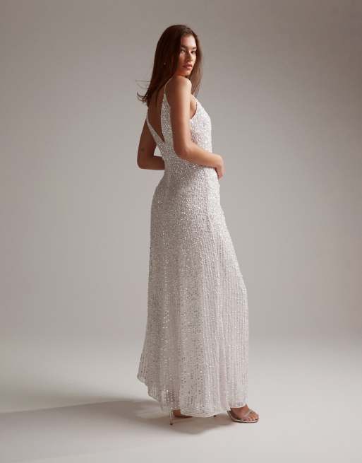 ASOS DESIGN Frankie beaded mesh plunge cap sleeve wedding dress in ivory