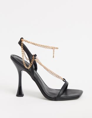 ASOS DESIGN Nia heeled sandals with chain trim in black | ASOS