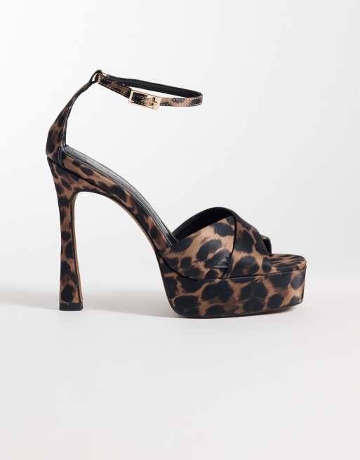 ASOS DESIGN Niche platform heeled sandals in leopard satin | ASOS