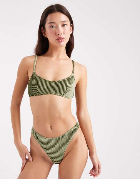 ASOS DESIGN – Nicky – Weicher, gerippter Tanga in Khaki mit hohem Beinausschnitt - view 1