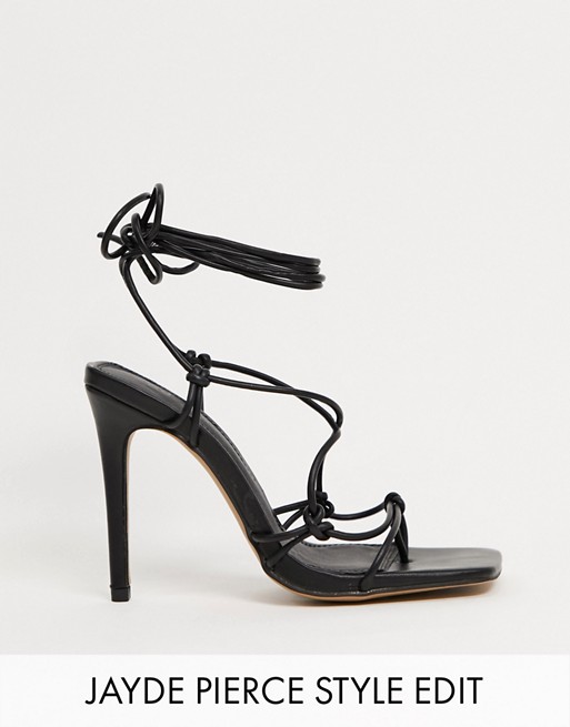 ASOS DESIGN Nicole strappy tie leg heeled sandals in black