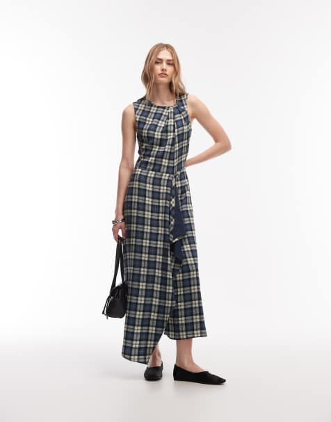 ASOS DESIGN – Niebieska asymetryczna sukienka midi ze skręconym detalem w kratę - view 1